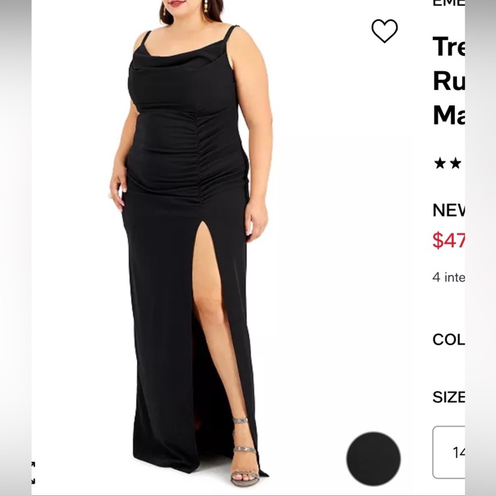Black floor length formal dress.